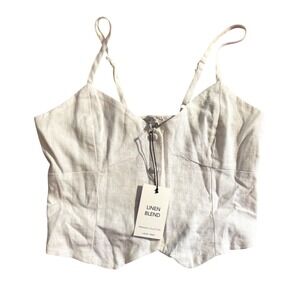 Love Tree White Linen Cami Top L Smocked Button Front Cottagecore Coastal Boho